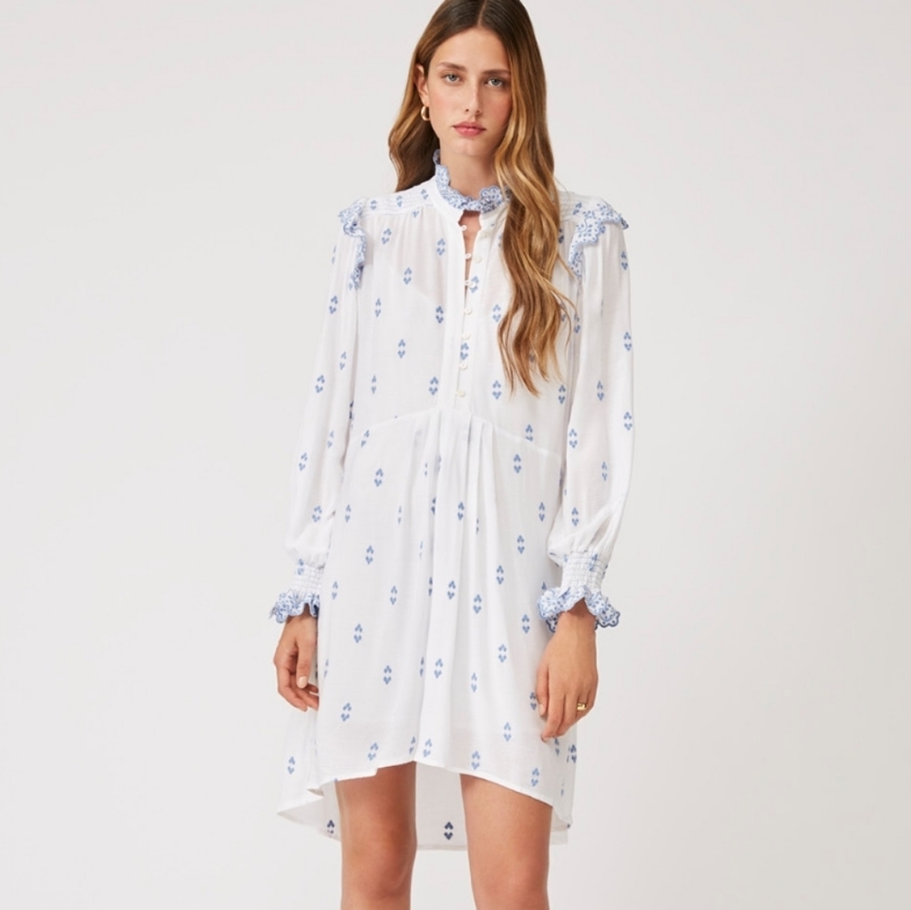 SUNCOO Blue and White Midi Dress with Bishop Sleeves
